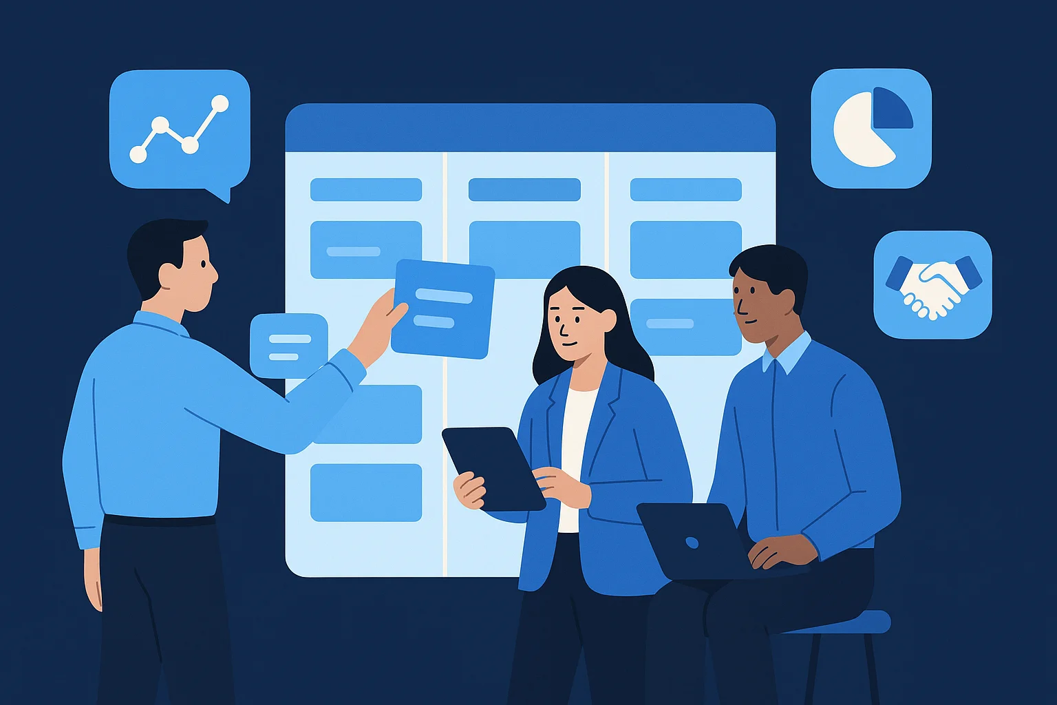 Ukázka kanbanové nástěnky TurboCRM s obchodními případy a týmem